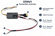 STMV1 adapter connection overview with model label, pin 12 red heating wire and pin 11 black backlight wire