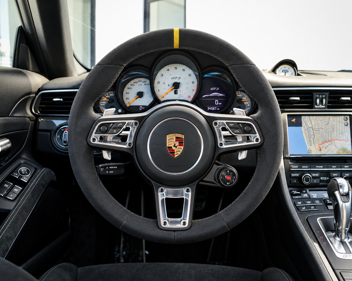 Upgrade illustration: 991.1 GT3 with a 991.2 GT Mode Switch wheel, black Alcantara and a yellow 12-o’clock marker.