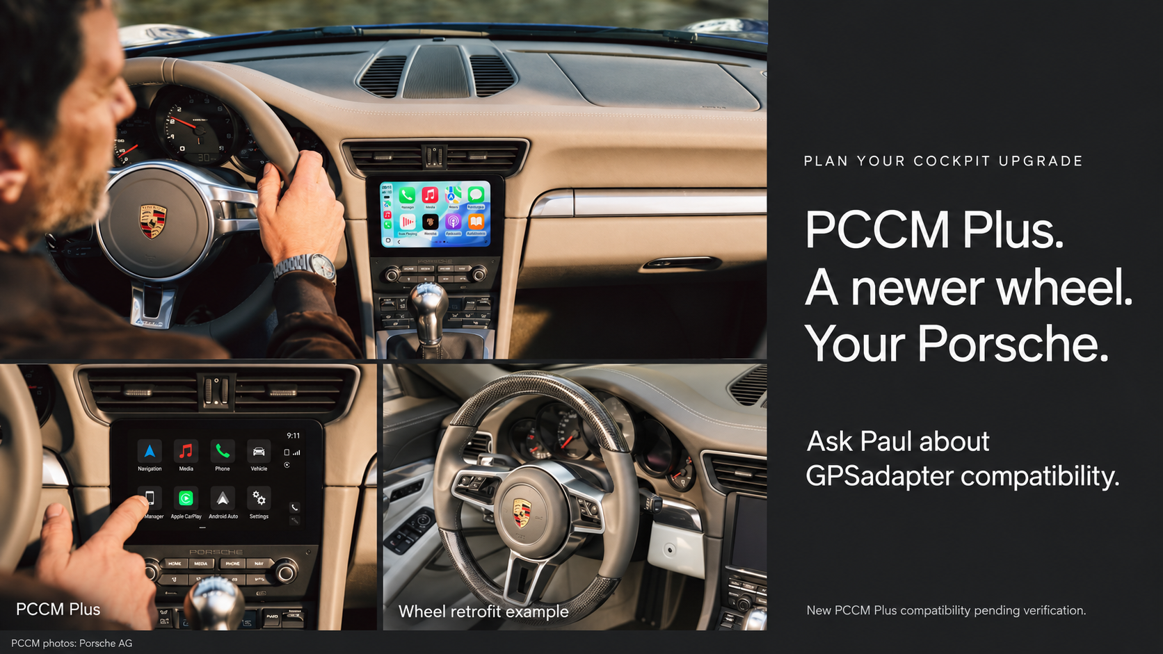 Porsche 991 cockpit with PCCM Plus; GPSadapter compatibility pending verification.